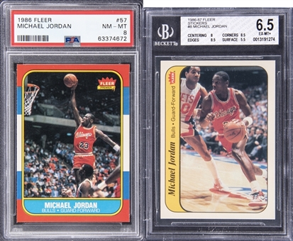 1986/87 Fleer Basketball Complete Set (132) Plus Stickers Complete Set (11) – Including #57 Michael Jordan Rookie Card PSA NM-MT 8 and #8 Jordan Stickers Rookie Card BGS EX-MT+ 6.5 Examples!